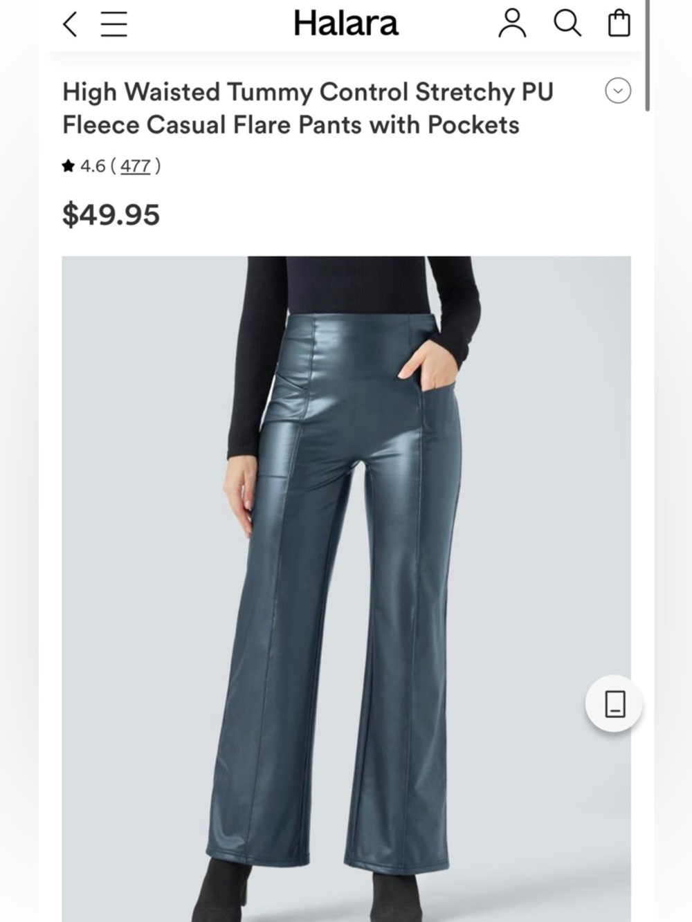 HALARA Tummy Control Fleece Lined Pant Faux Leather Stretch Flare Pants MSRP $50